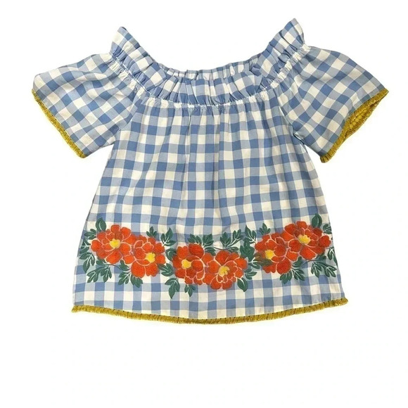 THML Blue Gingham Checkered Off Shoulder Top Women’s Small Floral Detail EUC - Picture 1 of 11